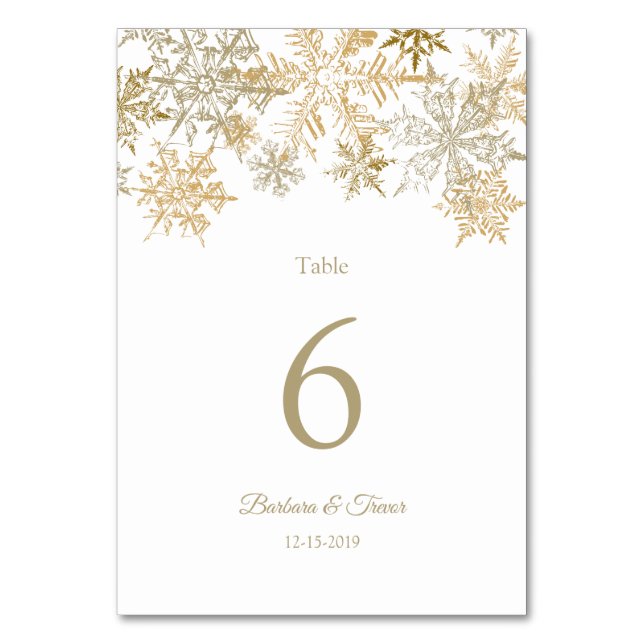 Gold Snowflakes Winter Wedding Table Number (Front)