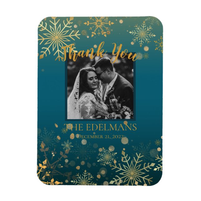 Gold Snowflakes Winter Wedding Thank You Magnet (Vertical)