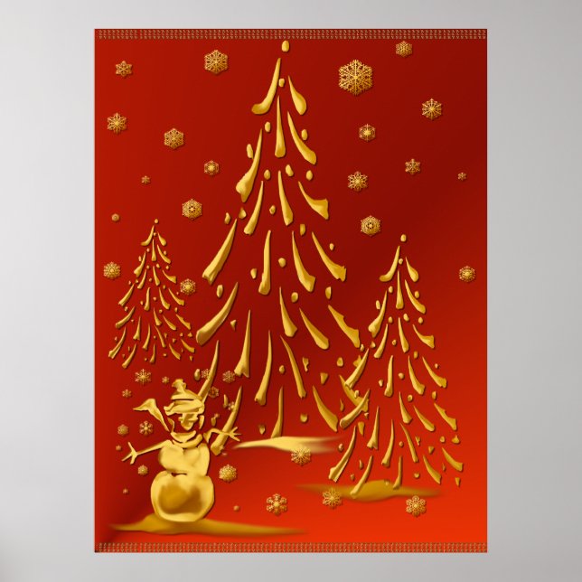Gold Snowman and Christmas Tree Print (Front)