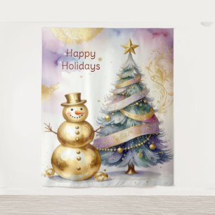 Gold Snowman Christmas Tree Holiday Backdrop