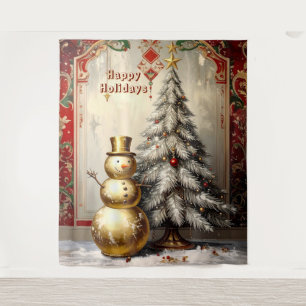 Gold Snowman Christmas Tree Holiday Backdrop