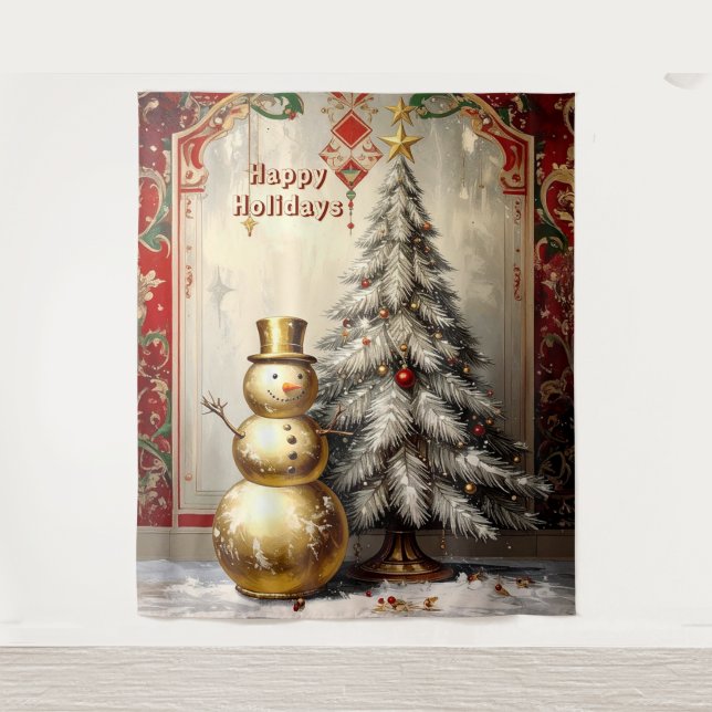 Gold Snowman Christmas Tree Holiday Backdrop (Front)