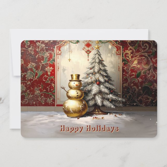 Gold Snowman Christmas Tree Holiday Card (Front)