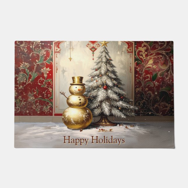 Gold Snowman Christmas Tree Holiday Doormat (Front)