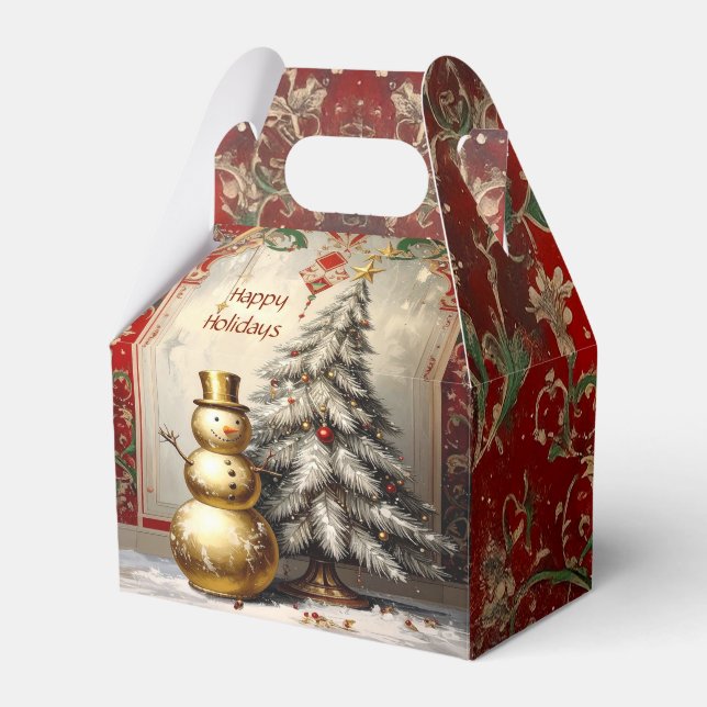 Gold Snowman Christmas Tree Holiday Favor Box (Front Side)