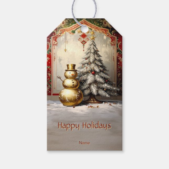 Gold Snowman Christmas Tree Holiday Gift Tag (Front)