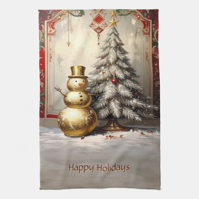 Gold Snowman Christmas Tree Holiday Kitchen Towel (Vertical)