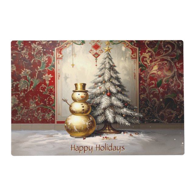 Gold Snowman Christmas Tree Holiday Paper Placemat (Front)
