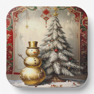 Gold Snowman Christmas Tree Holiday Paper Plates