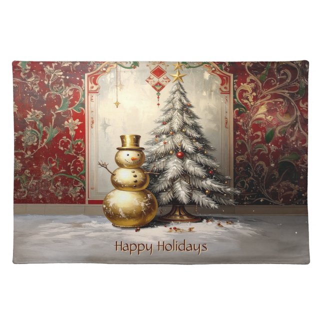 Gold Snowman Christmas Tree Holiday Table Cloth Placemat (Front)