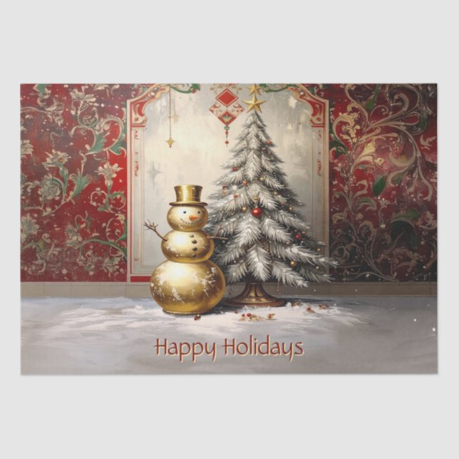 Gold Snowman Christmas Tree Holiday Tissue Paper (Front)