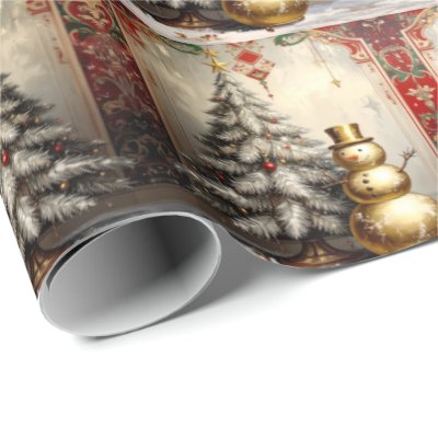 Gold Snowman Christmas Tree Holiday Wrapping Paper