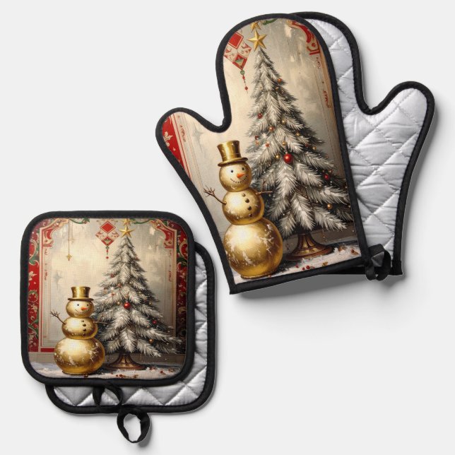 Gold Snowman Christmas Tree Oven Mitt & Pot Holder Set (Front/Back)