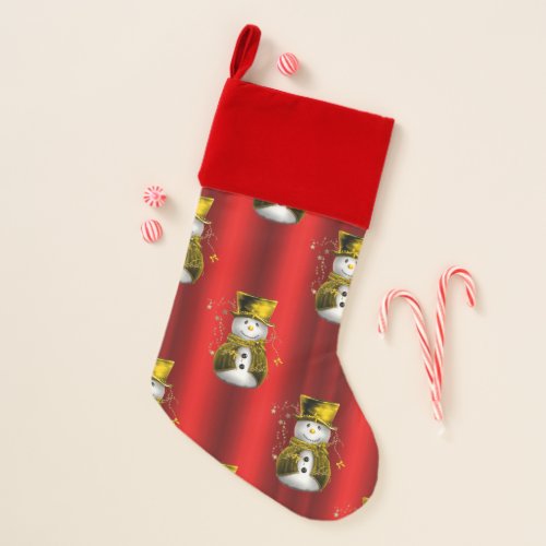 Gold Snowman on Red Christmas Stocking