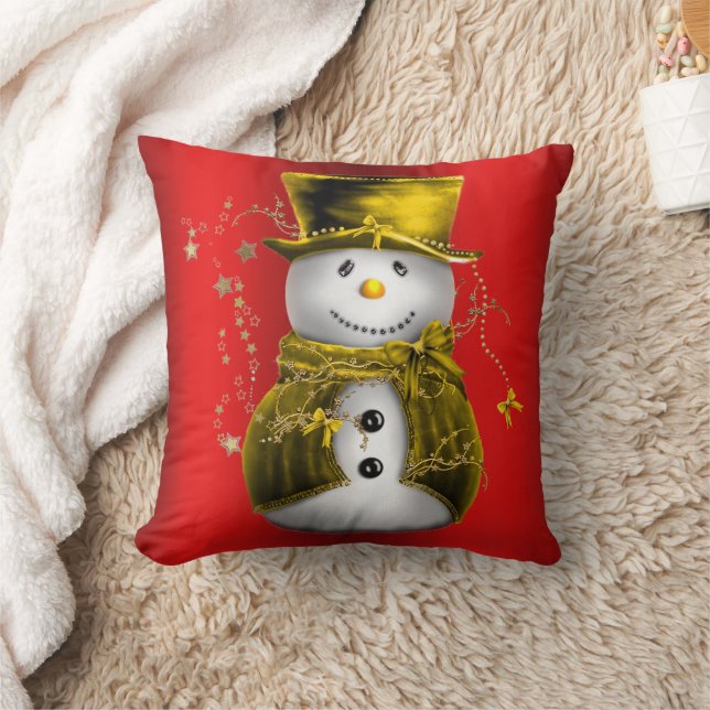 Gold Snowman on Red Throw Pillow (Blanket)
