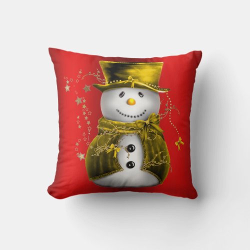 Gold Snowman on Red Throw Pillow