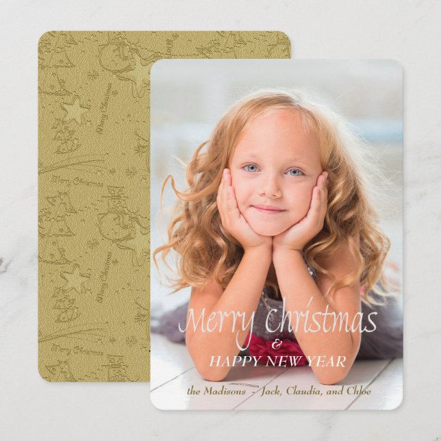 Gold Snowman Scribble Photo Christmas Card (Front/Back)