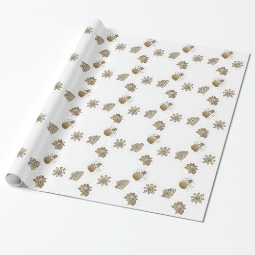 Gold Snowman Snow Flake Tree and Poinsetta Wrapping Paper