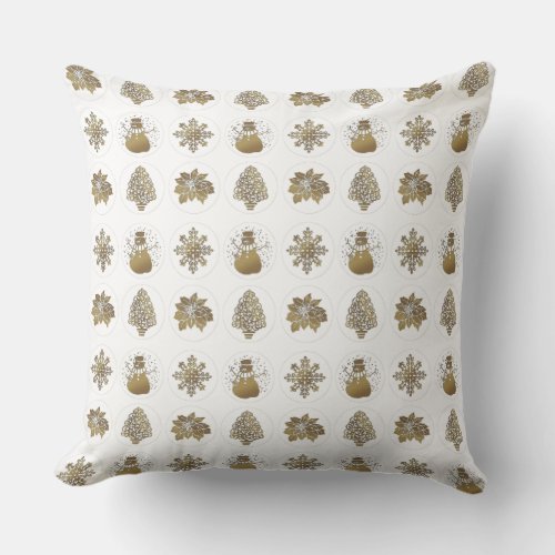 Gold Snowman Tree Poinsettia Star Pattern Throw Pillow