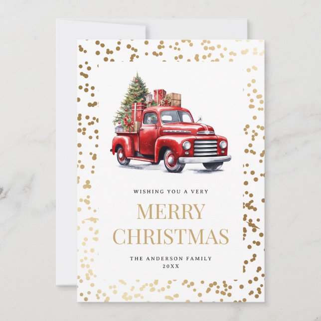 Gold Snowy Watercolor Red Truck Christmas Tree Holiday Card (Front)