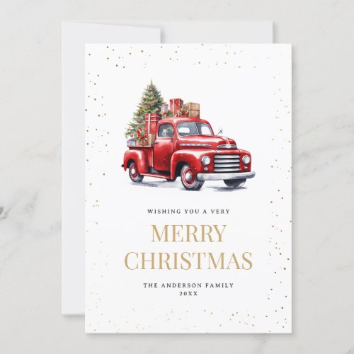 Gold Snowy Watercolor Red Truck Christmas Tree Holiday Card