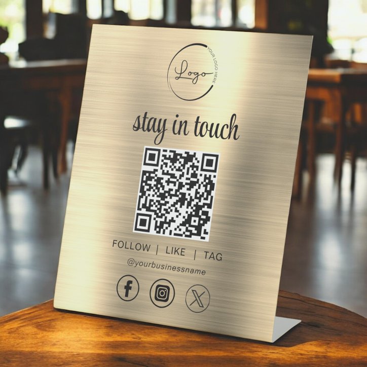 Gold Social Media QR Code Business Logo Pedestal Sign