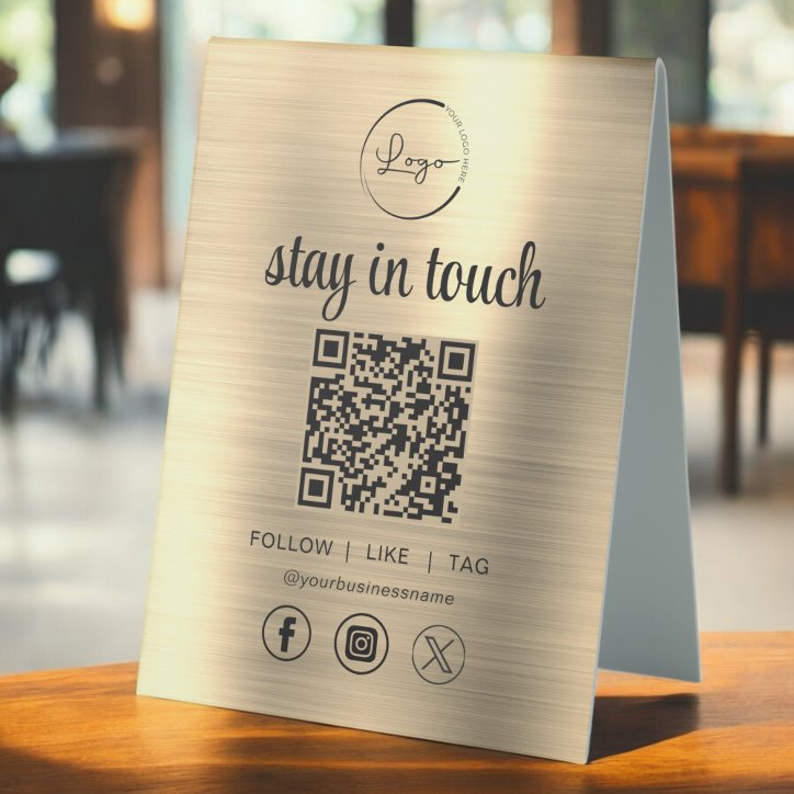 Gold Social Media QR Code Business Logo Table Tent Sign