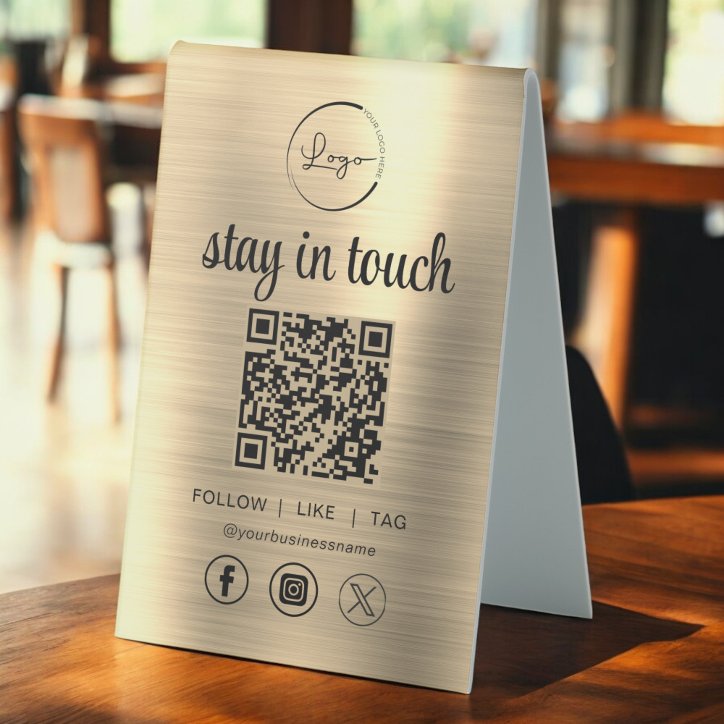 Gold Social Media QR Code Business Logo Table Tent Sign