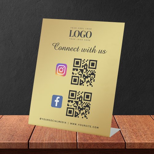 Gold Social Media Qr Code Logo Facebook Instagram Pedestal Sign