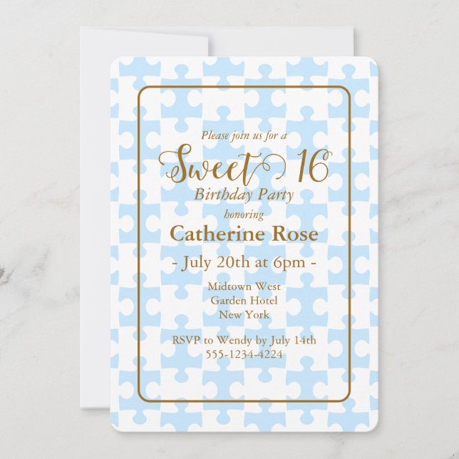 Gold Soft Blue White Puzzle Checkered Sweet 16 Invitation (Front)