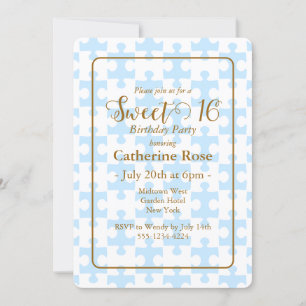 Gold Soft Blue White Puzzle Checkered Sweet 16 Invitation