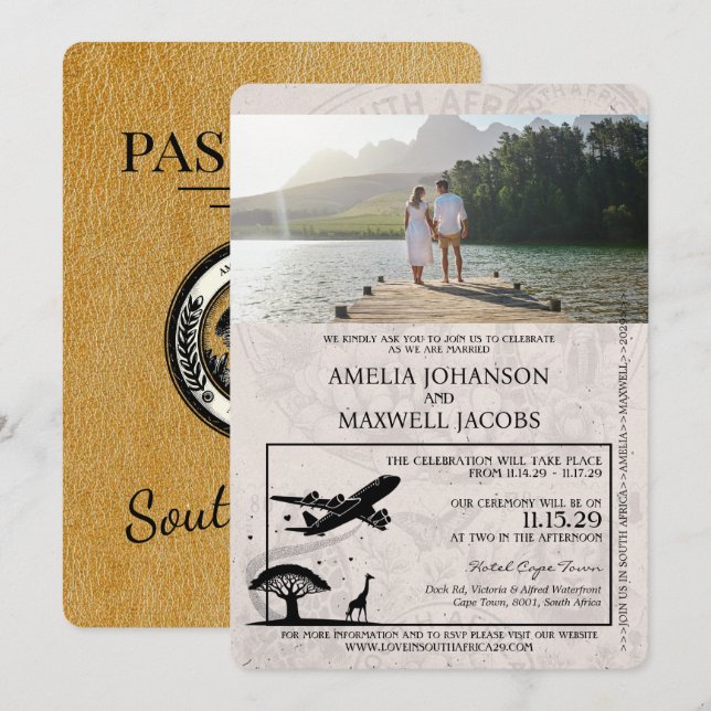 Gold South Africa Passport Wedding Invitation (Front/Back)