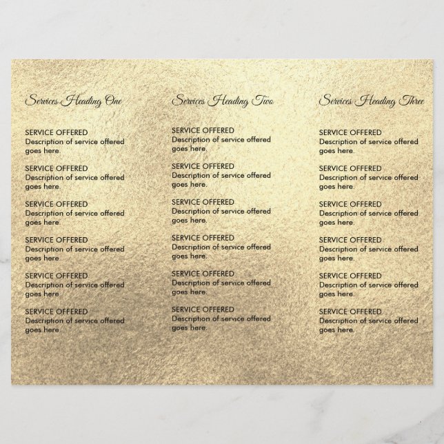 Gold Spa, Massage, Hairstylist Menu & Pricing Flyer (Back)