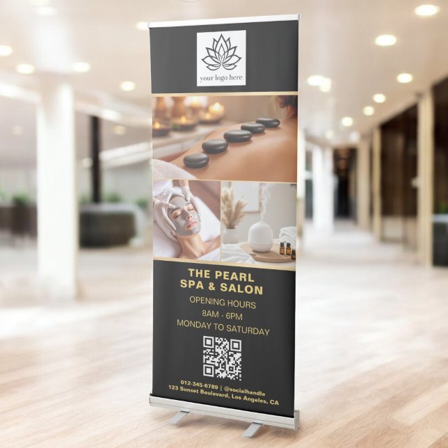 Gold Spa Salon QR Code Business Logo Photo Collage Retractable Banner (Creator Uploaded)