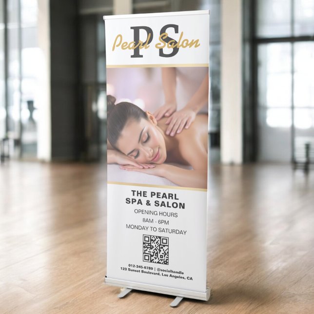 Gold Spa Salon QR Code Monogram Logo Photo Retractable Banner (Creator Uploaded)