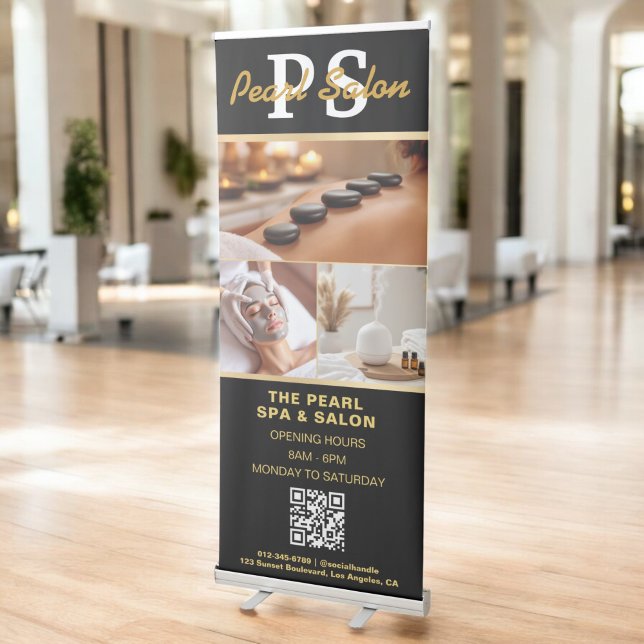 Gold Spa Salon QR Code Monogram Logo Photo Retractable Banner (Creator Uploaded)