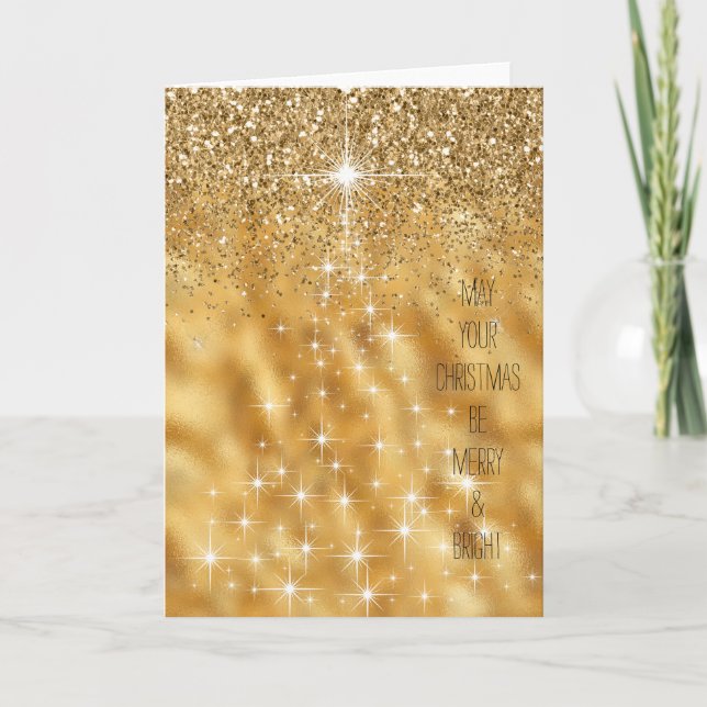 Gold Sparking Lights Merry & Bright Christmas Tree Holiday Card (Front)