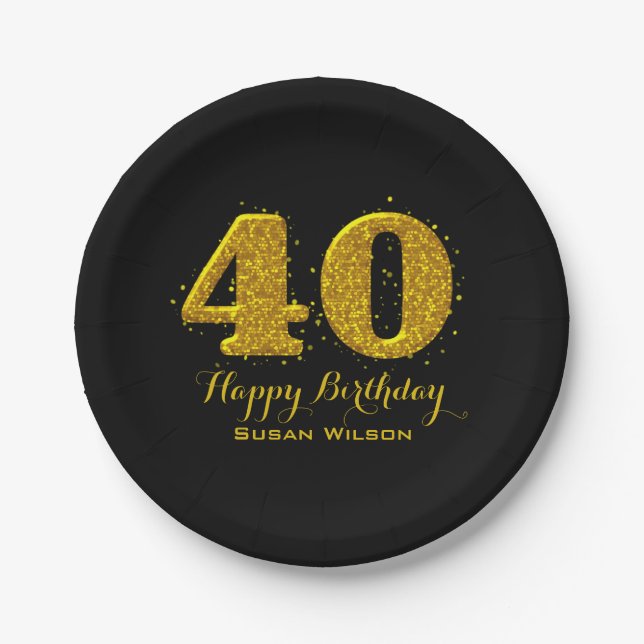 Gold Sparkle 40th Celebration Paper Plates (Front)