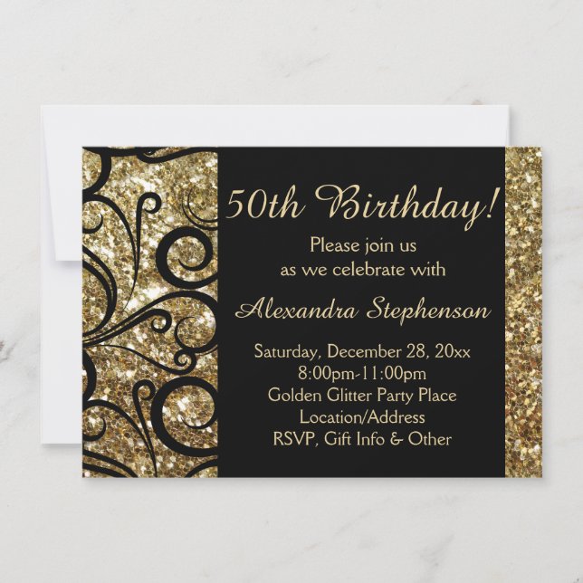 Gold Sparkle 50th Birthday Party Swirl Invitation (Front)