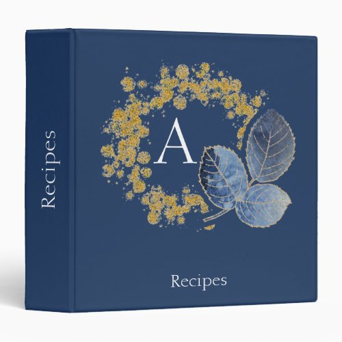 Gold Sparkle and Blue Leaf Monogram Add Your Name 3 Ring Binder