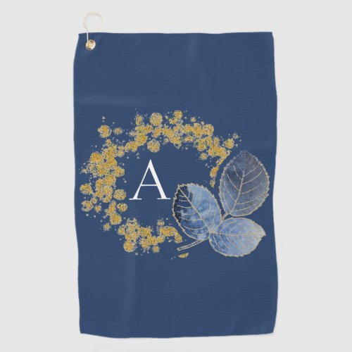 Gold Sparkle and Blue Leaf Monogram Add Your Name Golf Towel
