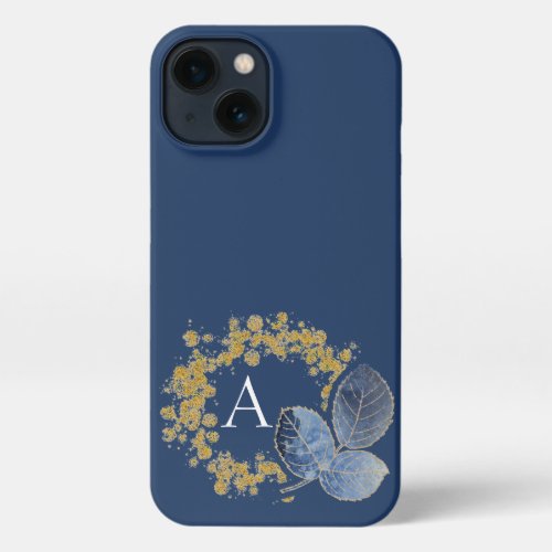 Gold Sparkle and Blue Leaf Monogram Add Your Name iPhone 13 Case