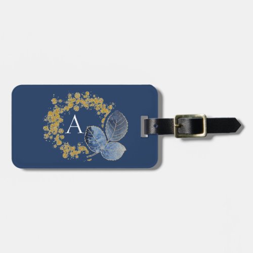 Gold Sparkle and Blue Leaf Monogram Add Your Name Luggage Tag