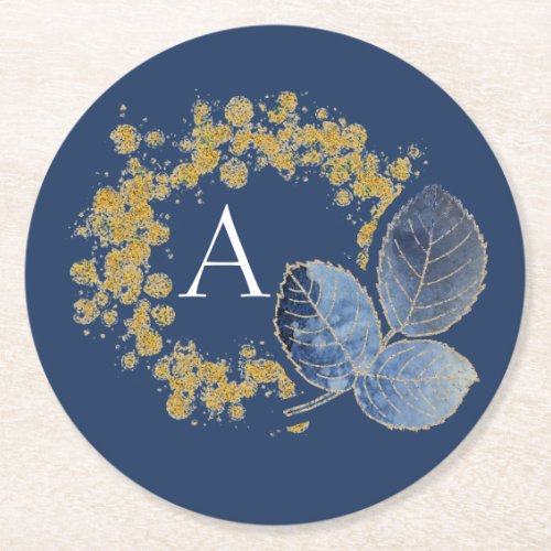 Gold Sparkle and Blue Leaf Monogram Add Your Name Round Paper Coaster
