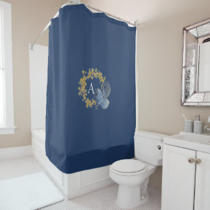 Gold Sparkle and Blue Leaf Monogram Add Your Name Shower Curtain