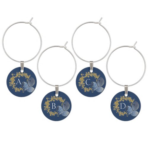 Gold Sparkle and Blue Leaf Monogram Add Your Name Wine Charm