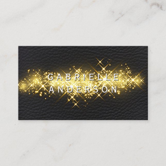 Gold Sparkle | Black Leather Business Card (Front)