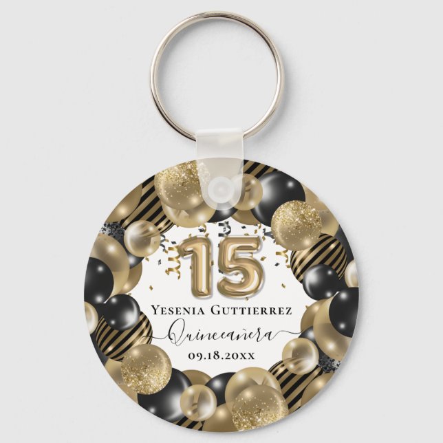 Gold Sparkle Black Quinceanera Balloon Keychain (Front)