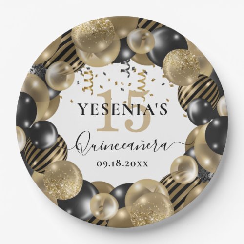 Gold Sparkle Black Quinceanera Balloon Paper Plates