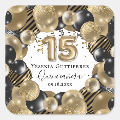 Gold Sparkle Black Quinceanera Balloon Square Sticker